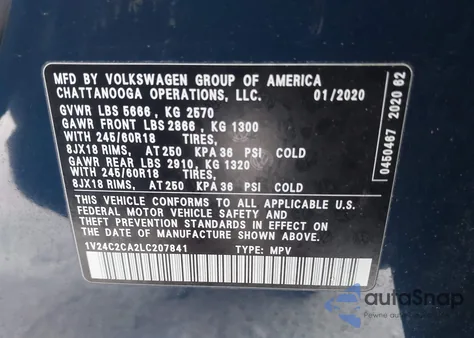 2020 Volkswagen Atlas Cross Sport 2.0T Se z USA, uszkodzony, nr VIN 1V24C2CA2LC207841